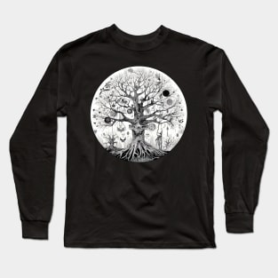 Haunted Tree of Life Spooky Graphic Art Skulls Gothic Tree Long Sleeve T-Shirt